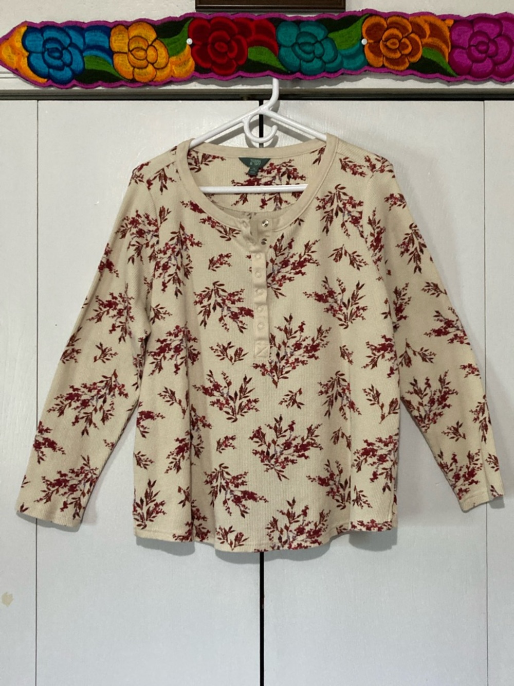 Terra & Sky Cream Henley Top with Red Floral Print